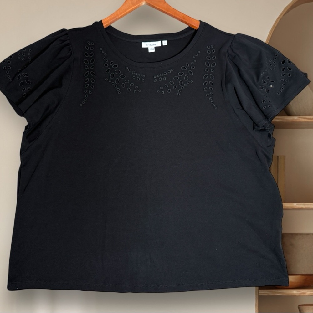 CHICOS Black Flutter Sleeve Eyelet Top Size 4XXL